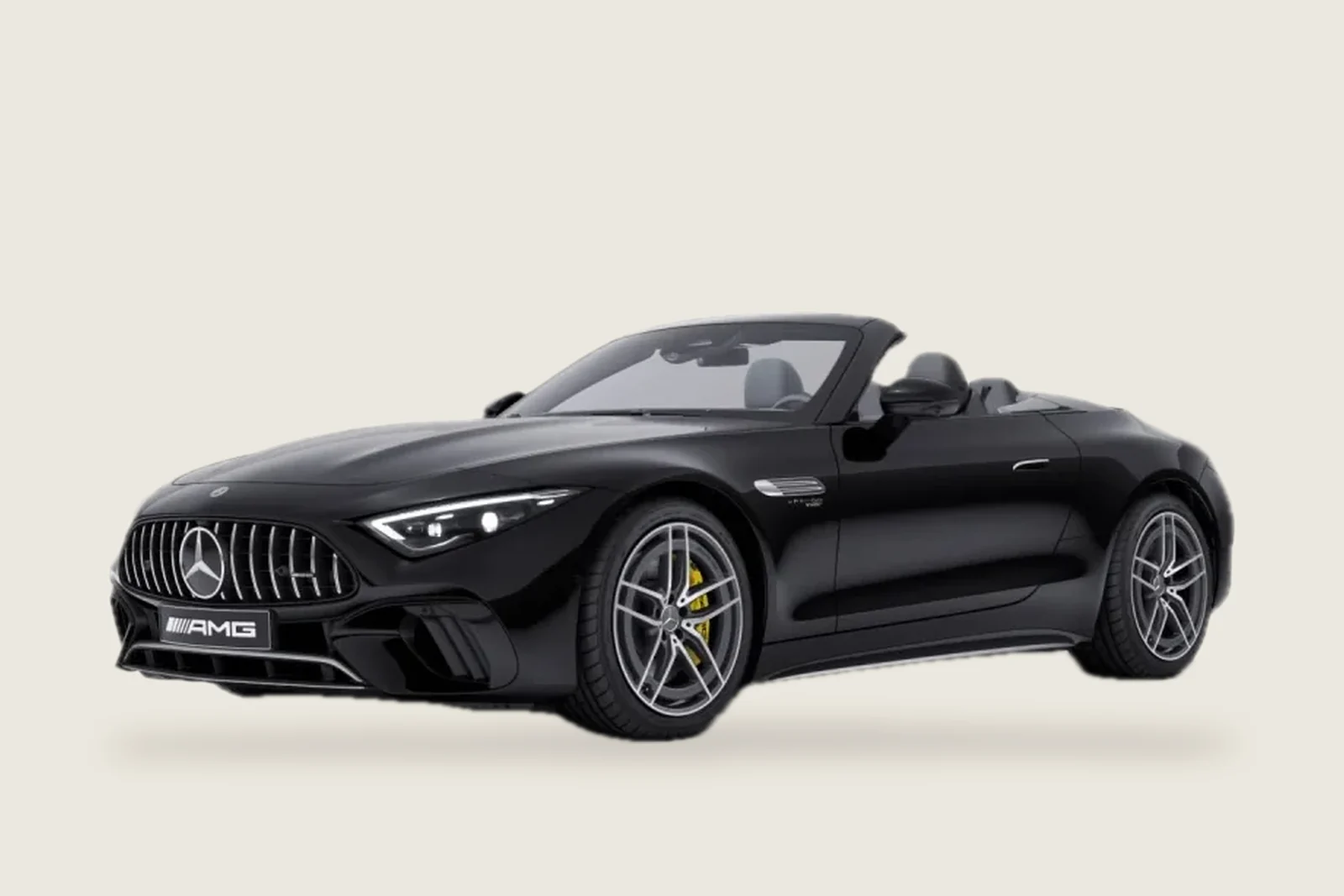Black Mercedes-AMG SL 63 with the roof down, front three-quarter view