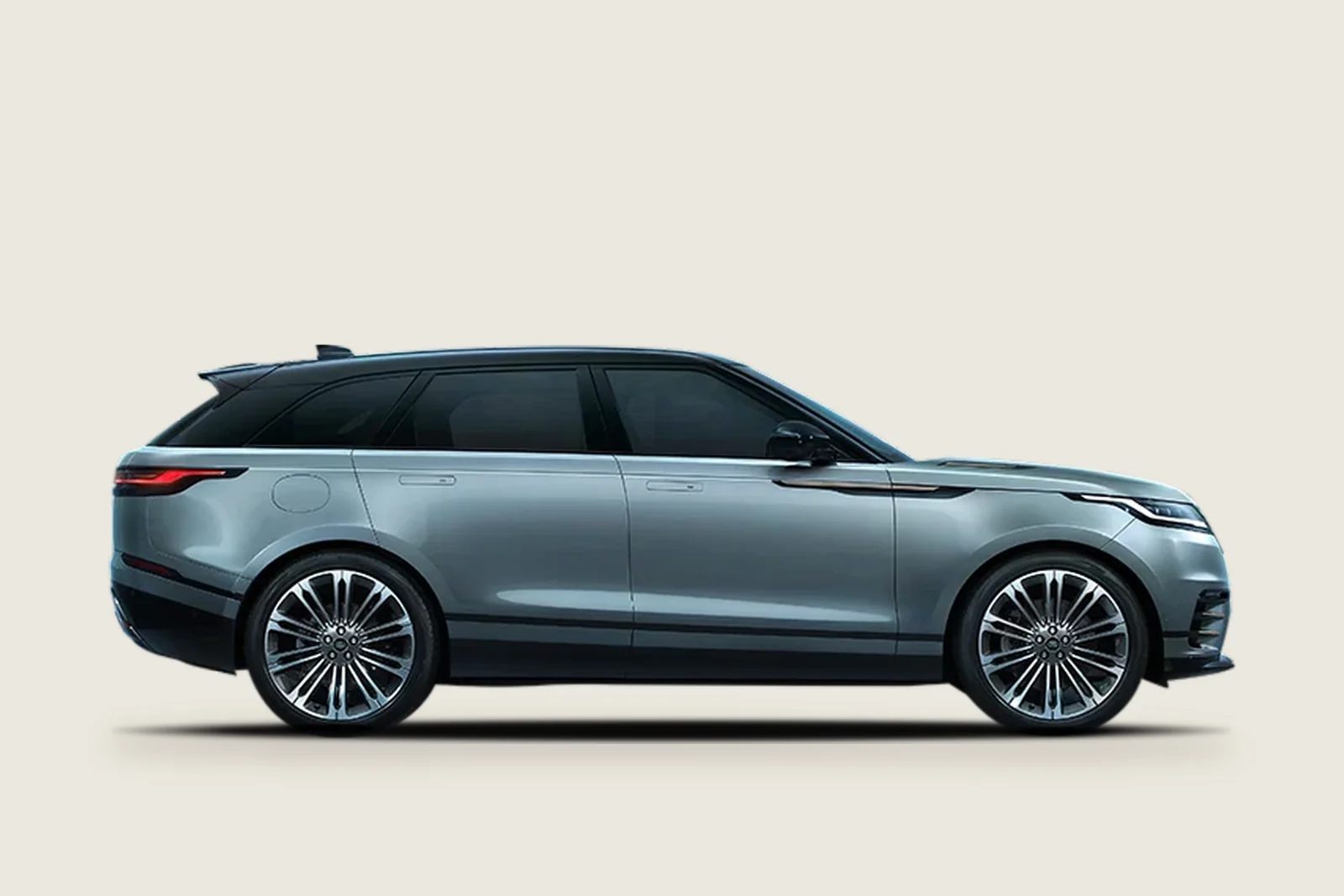 Ice-blue Range Rover Velar seen from the side