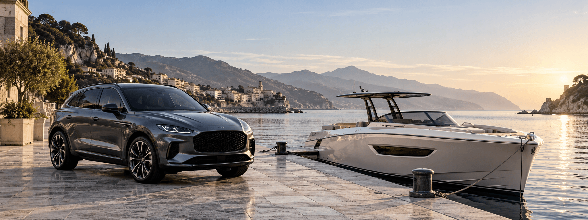 G Rent premium SUV and day cruiser in a Mediterranean marina